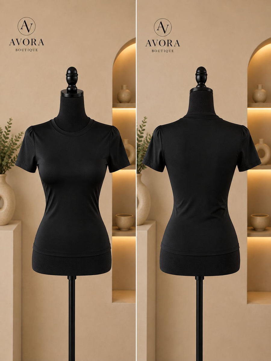 Blusa básica de licra negra, frente y espalda