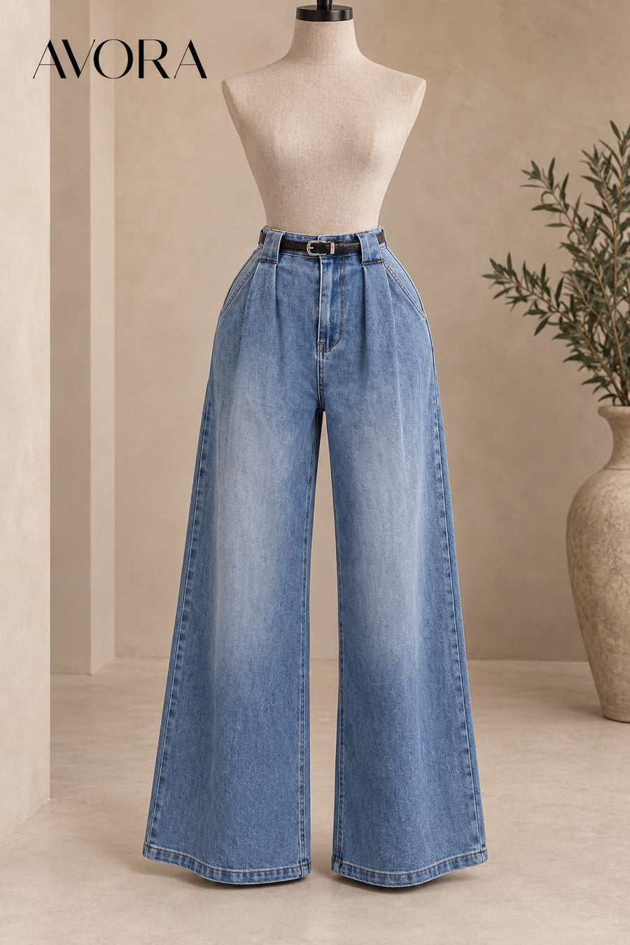 PantalĂłn de mezclilla clara de tiro alto y pierna muy ancha, con fajo negro, sobre maniquĂ
