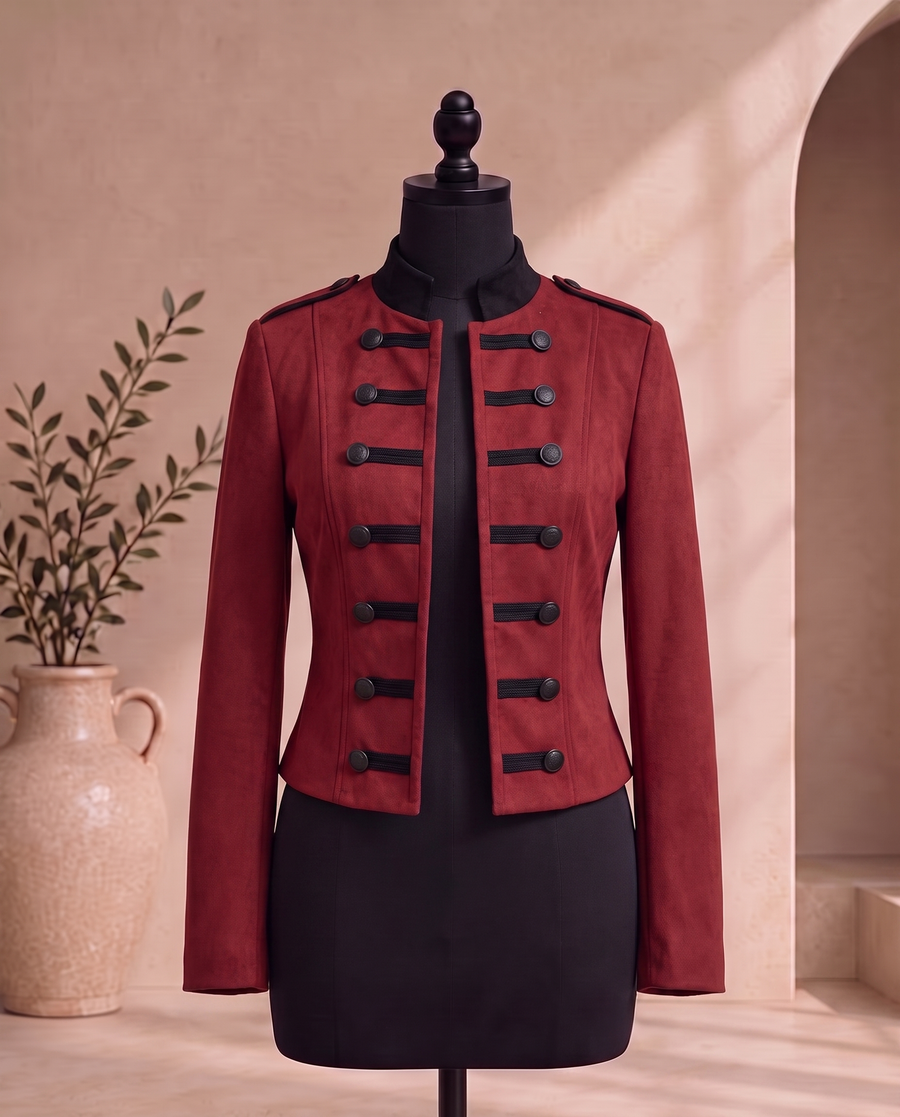 Chaqueta NapoleĂłn de gamuza roja con alamares negros