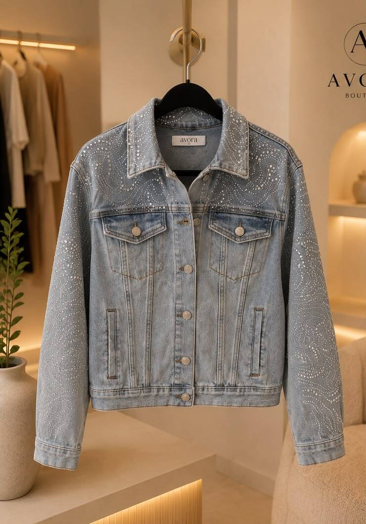 Chamarra de mezclilla clara con brillos, vista de frente - AVORA BOUTIQUE