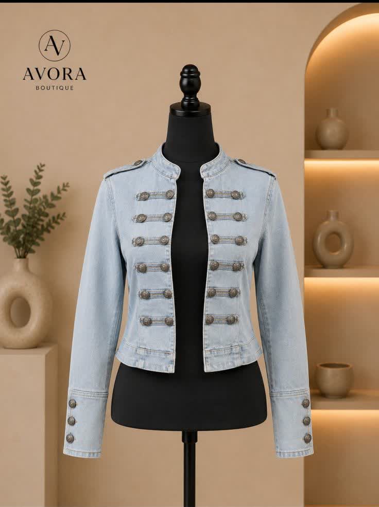 Chaqueta Napoleón de mezclilla azul clara con alamares y charreteras