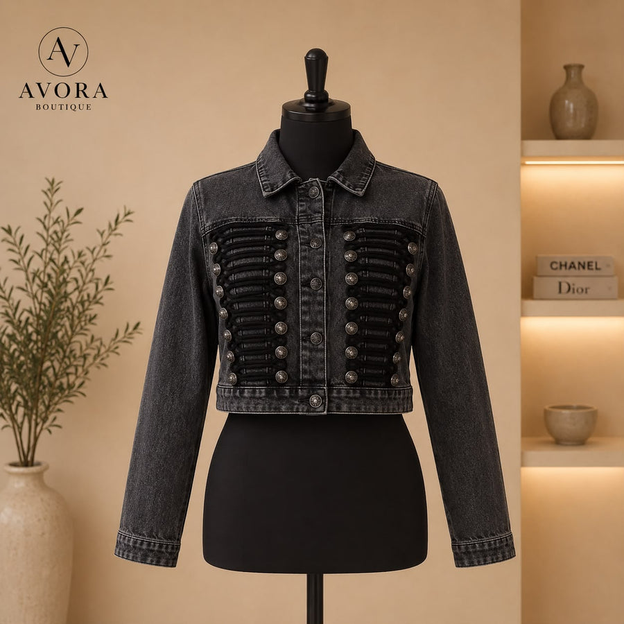 Chaqueta Napoleón negra de mezclilla con alamares - AVORA BOUTIQUE