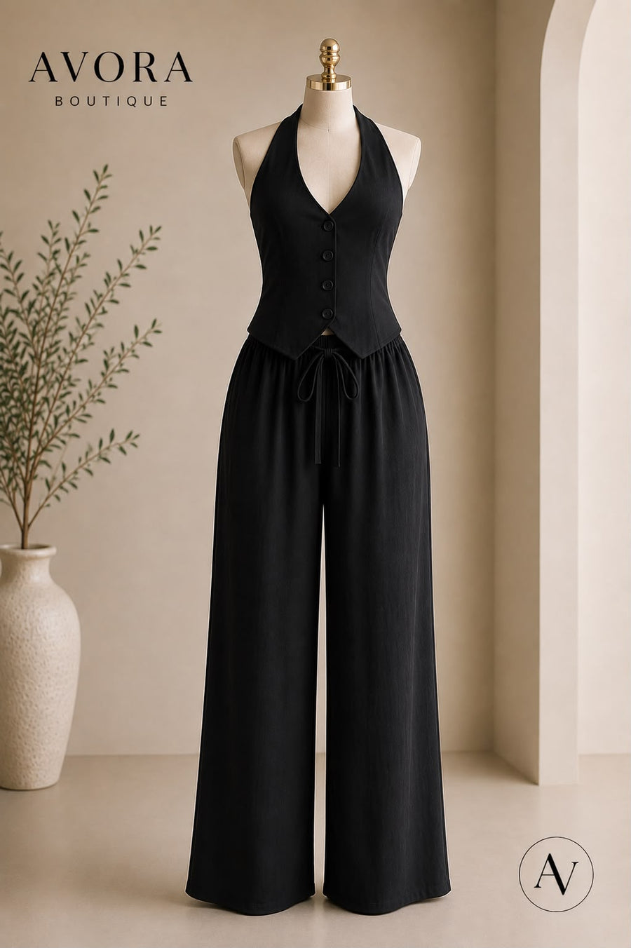 Conjunto negro de blusa halter con pantalón ancho AVORA BOUTIQUE