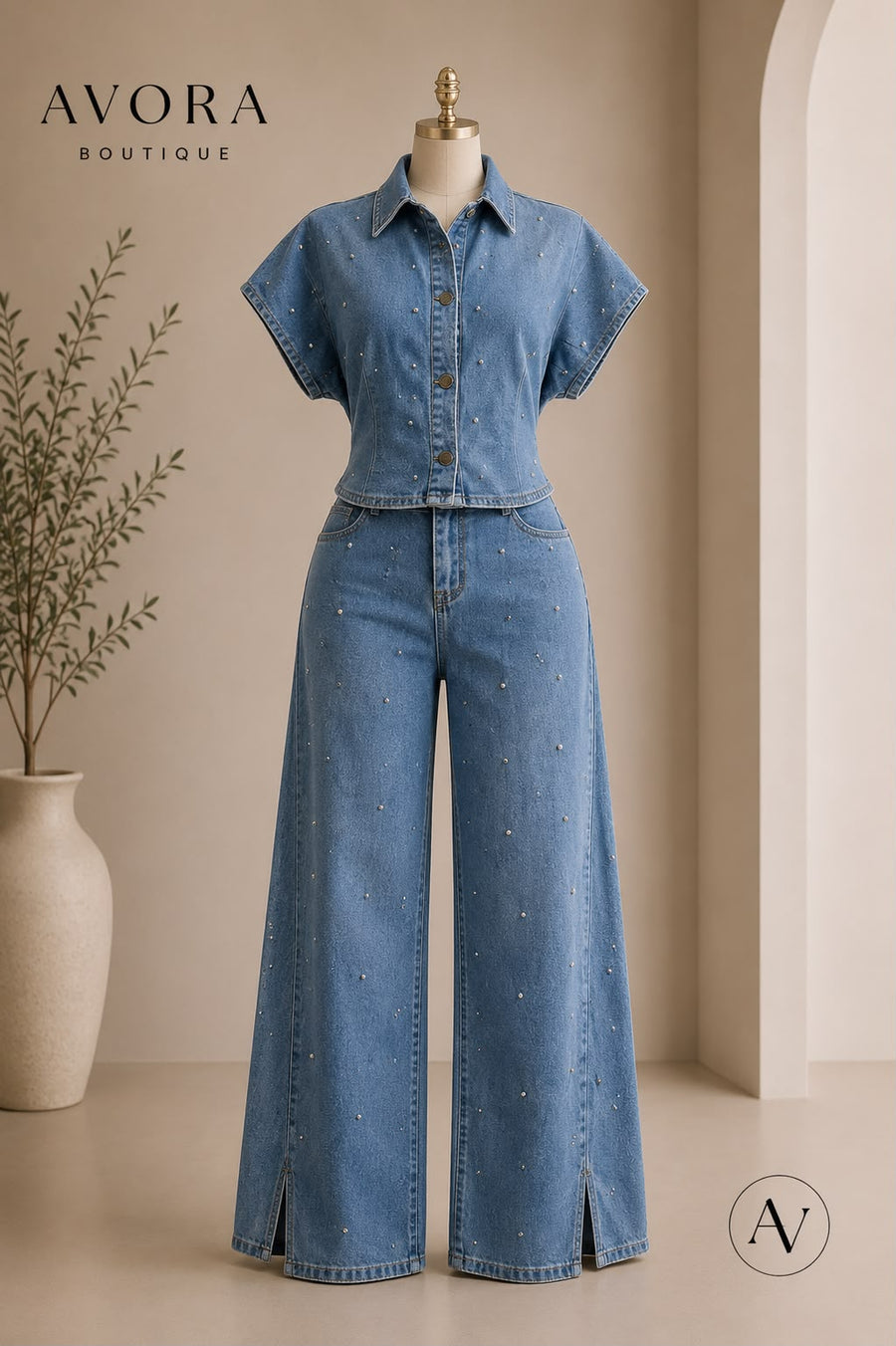 Conjunto de mezclilla con estoperoles AVORA BOUTIQUE