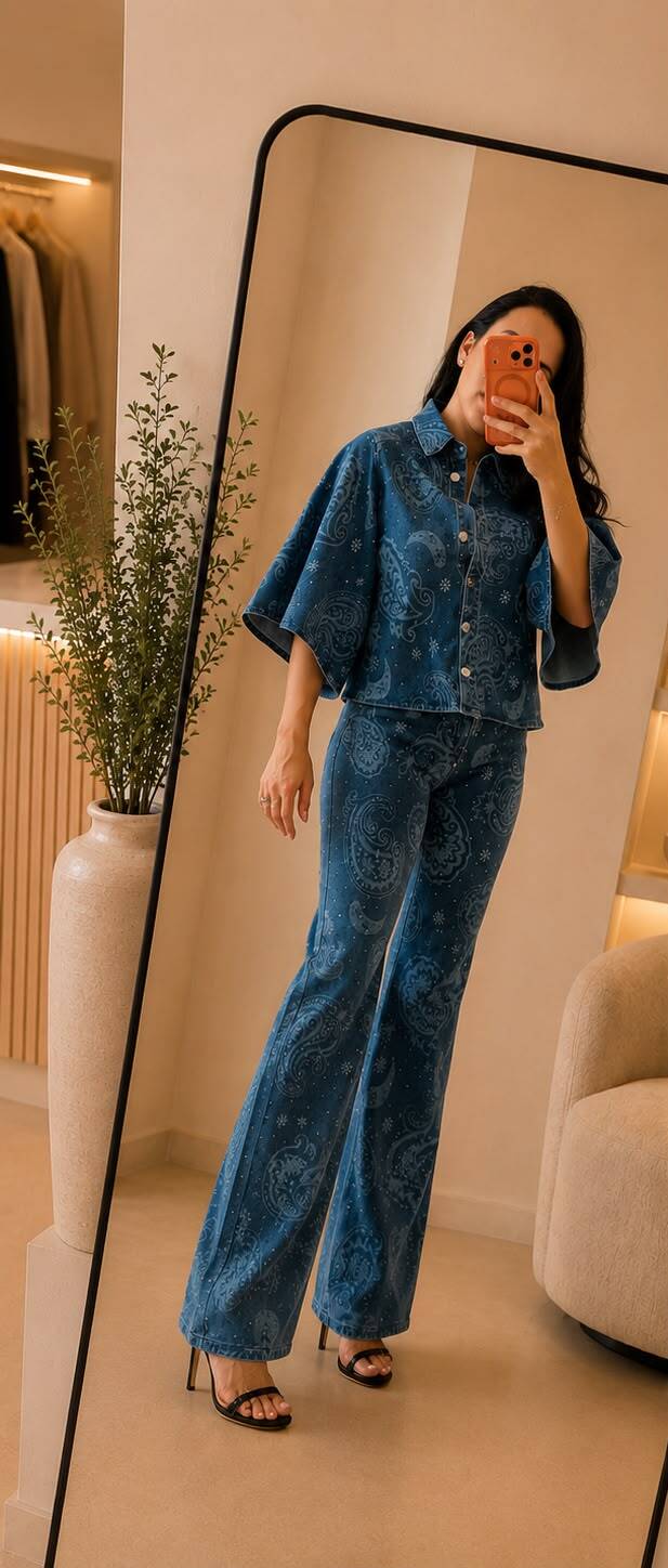 Conjunto de mezclilla paisley, vista de frente - AVORA BOUTIQUE