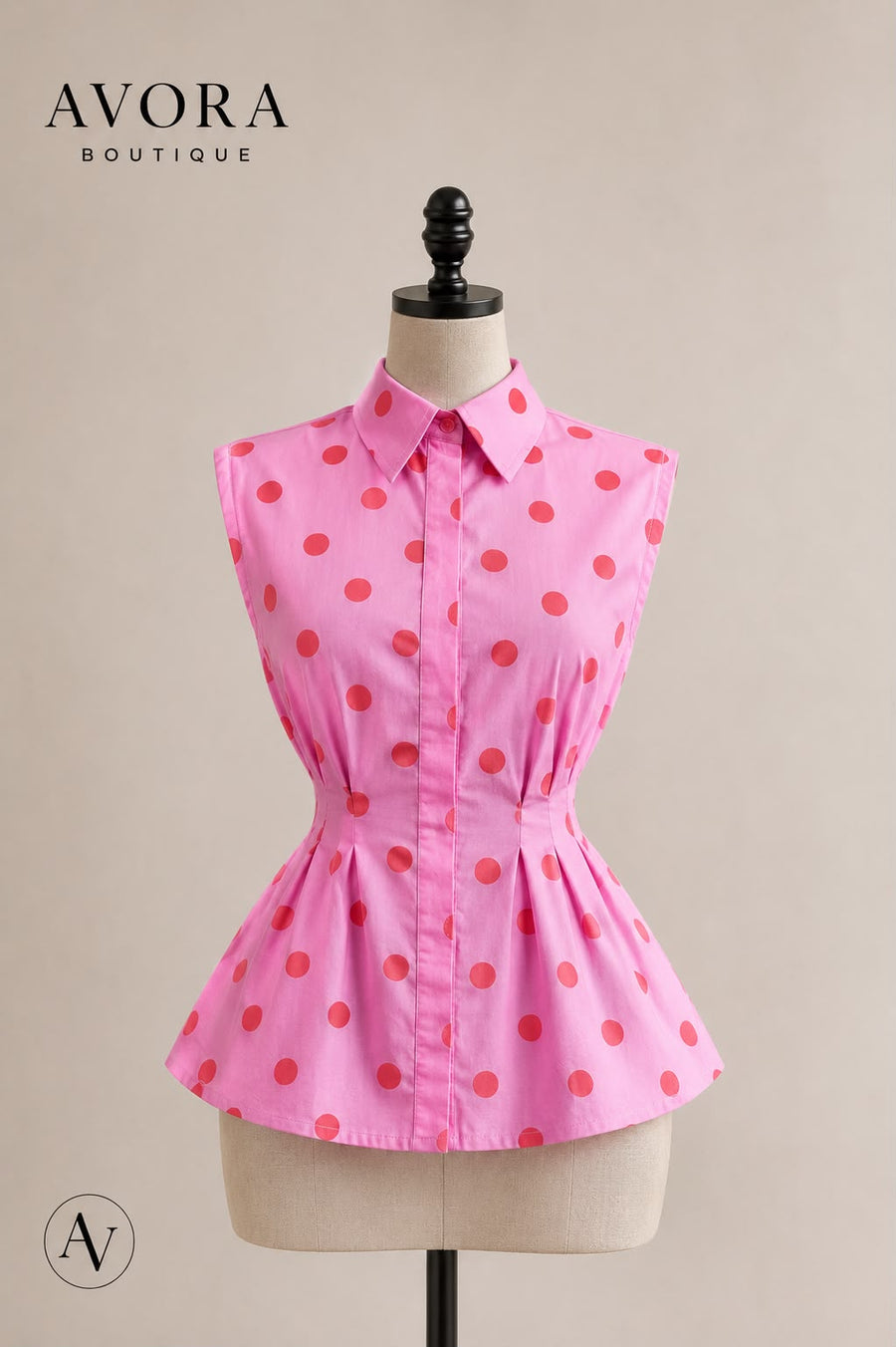 Blusa rosa de lunares con talle entallado AVORA BOUTIQUE