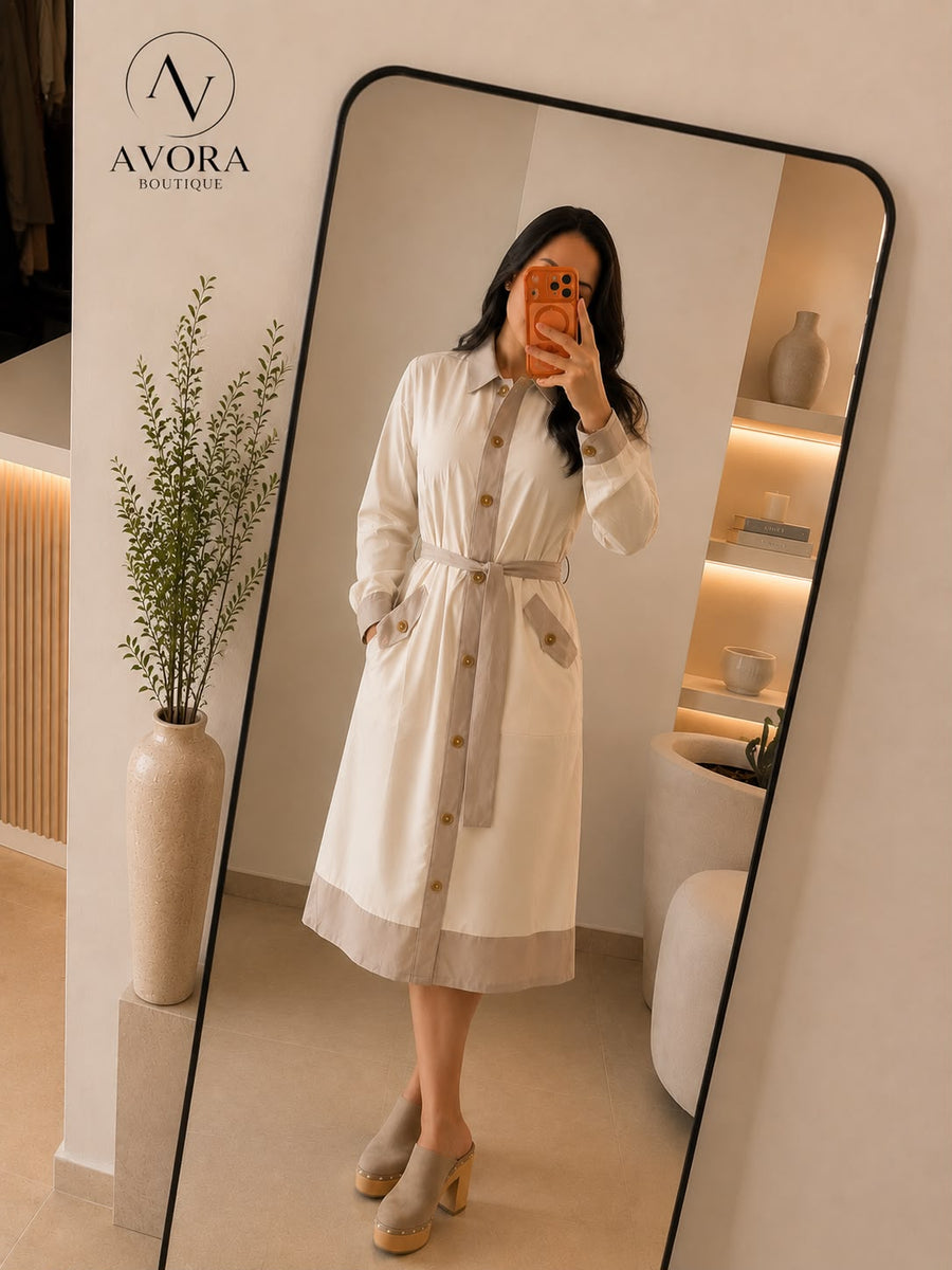 Vestido camisero crema de manga larga con cinto - AVORA BOUTIQUE