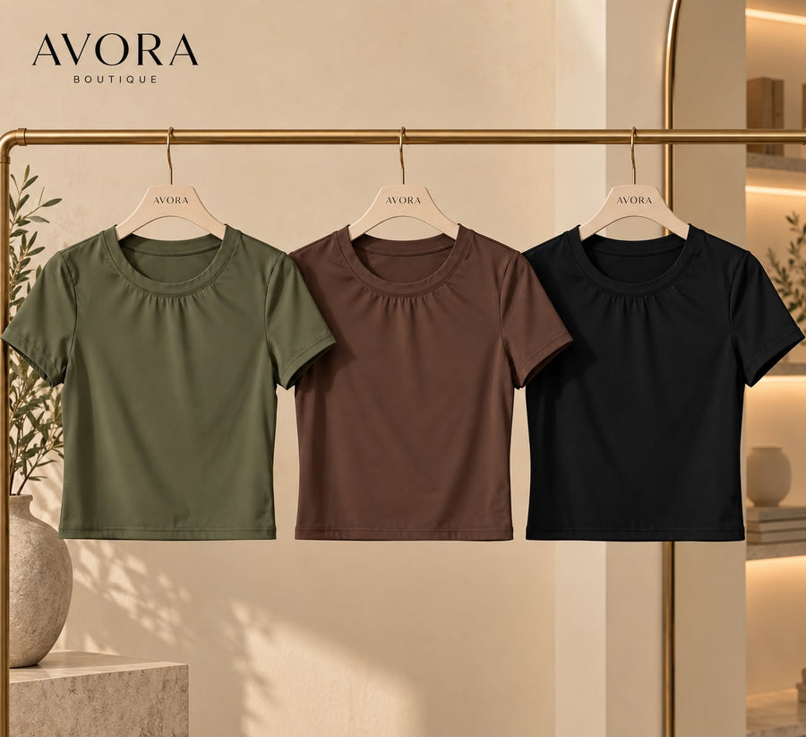 Blusas básicas de licra en moka, olivo y negro