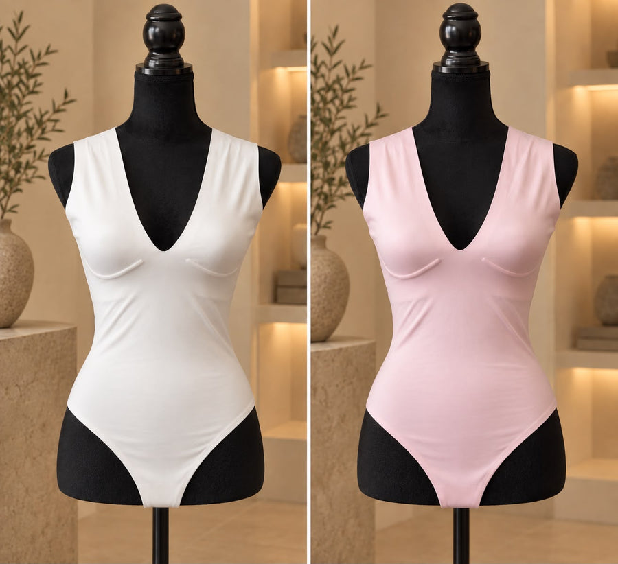 Body de licra con faja en blanco y rosa