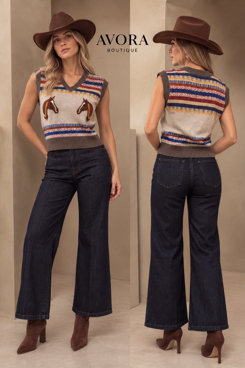 Chaleco vaquero tejido con caballos bordados, de frente y de espalda