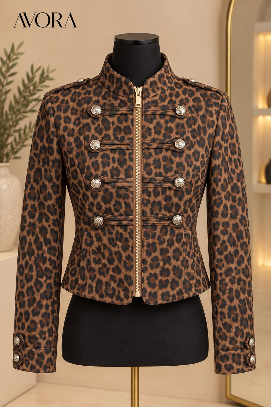 Chaqueta leopardo estilo Napoleón con cierre dorado y botones plateados