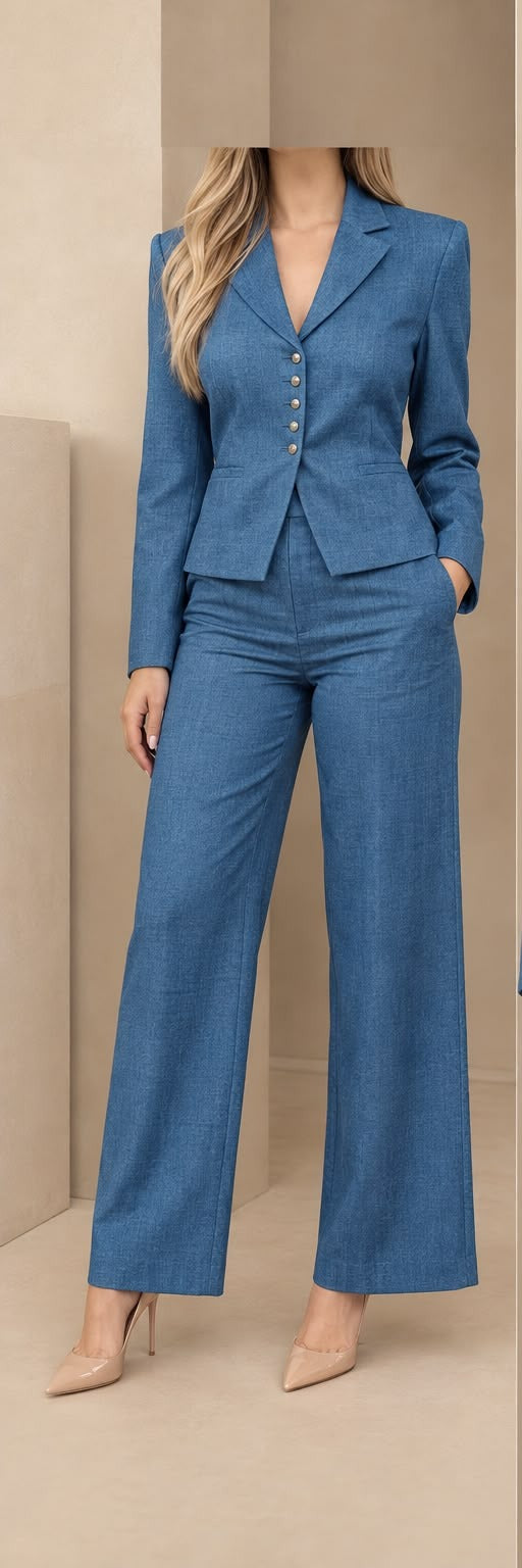 Conjunto azul de saco y pantalón de pierna ancha, cuerpo completo
